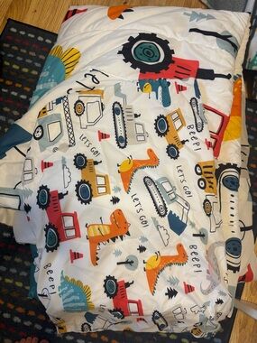 Kids Construction & Dinosaur Comforter - White with Multi Color Print